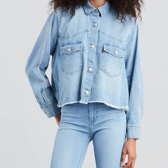 Denim Shirt. Button Down. Rhinestone Sleeves. Collar - Picture 5 of 5